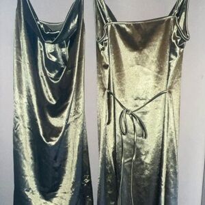 Satin Slip Dress in Shiny Olive Green